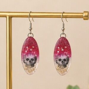 Handmade Resin Skull Dangle Earrings Red Pink Glitter Goth Spooky Halloween